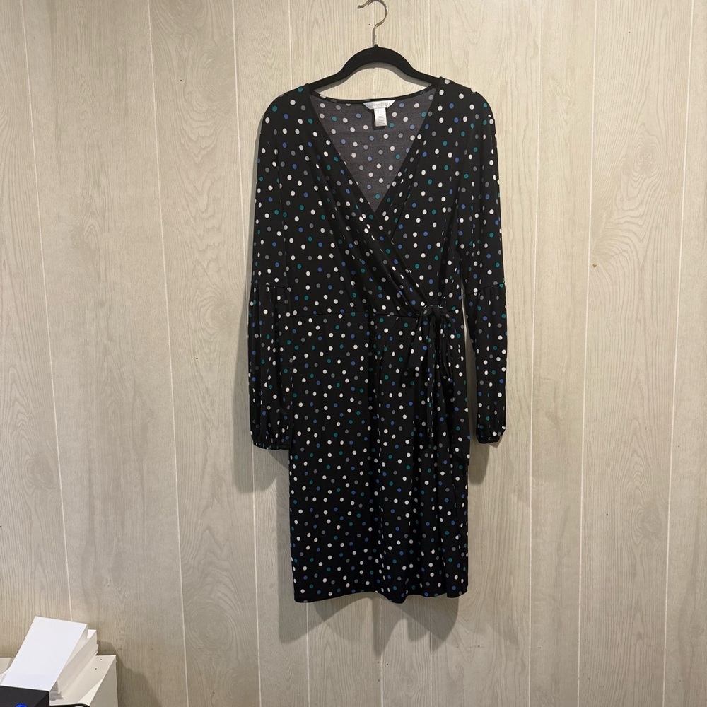 London Times Black Long Sleeve Dress with Blue and White Dots
